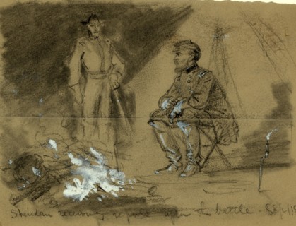 Sheridan receiving reports after the battle Sept. 19, drawing, 1862-1865, by Alfred R Waud,