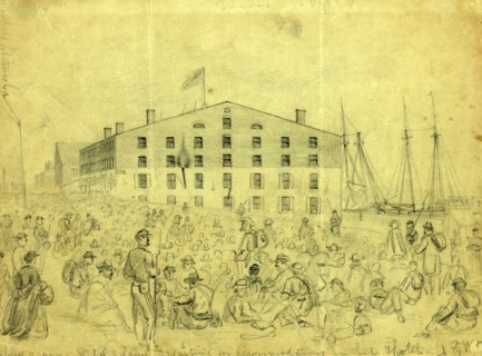 Libby again, Rebel soldiers waiting for accommodations in that Hotel, drawing, 1862-1865, by Alfred