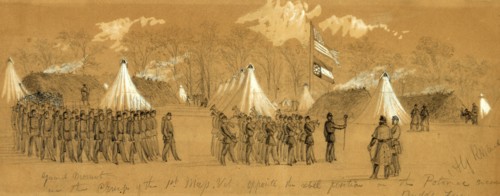 Guard Mount in the Camp of the 1st Mass. Vol. Opposite the rebel position on the Potomac near Budds