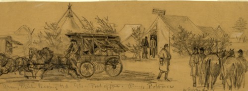 Army Mail leaving Hd.Qts. Post Office. Army Potomac, drawing, 1862-1865, by Alfred R Waud,