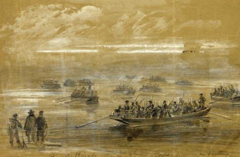 Russells Brigade, 1st div. 6th Army Corps, crossing in Pontoons to storm the enemies rifle pits on