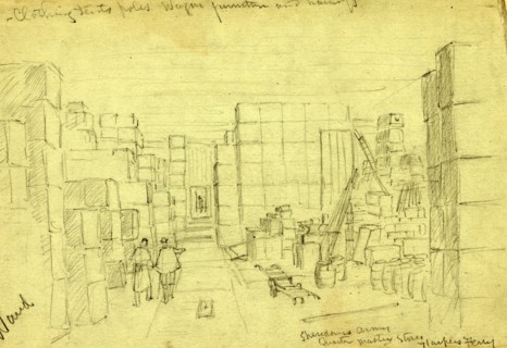 Sheridans Army, Quarter Master Stores. Harpers Ferry, drawing, 1862-1865, by Alfred R Waud,