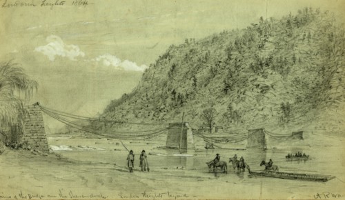 Ruins of the bridge over the Shenandoah, Loudon Heights beyond, drawing, 1862-1865, by Alfred R