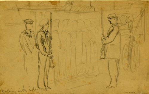 Drilling with rifles, drawing, 1862-1865, by Alfred R Waud, 1828-1891, an american artist famous