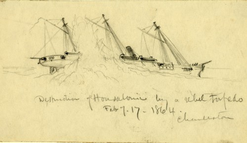Destruction of Housatonic by a rebel torpedo. Feb. of 17 1864. Charleston, drawing, 1862-1865, by
