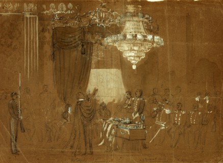 Funeral service over Col. Ellsworth at the White House East Room, drawing, 1862-1865, by Alfred R
