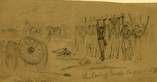The last of Ewells corps April 6, drawing, 1862-1865, by Alfred R Waud, 1828-1891, an american