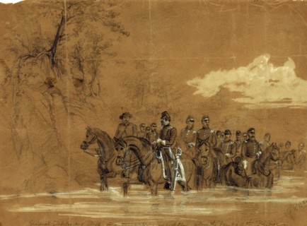General Sickles and Staff in a reconnoitering expedition along the banks of the Potomac, drawing,