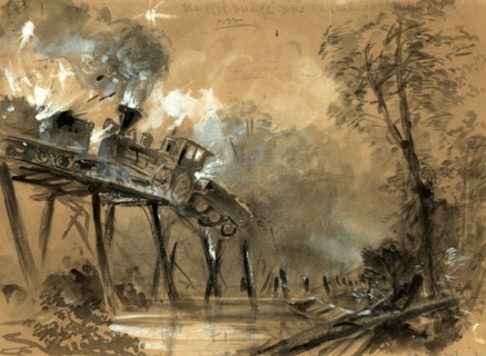 Destruction of the locomotives on the bridge over the Chickahominy, drawing, 1862-1865, by Alfred R