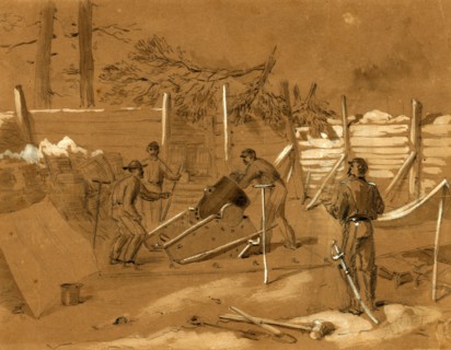 View of 8 in. Mortar in Captain Dow's Battery, drawing, 1862-1865, by Alfred R Waud, 1828-1891, an