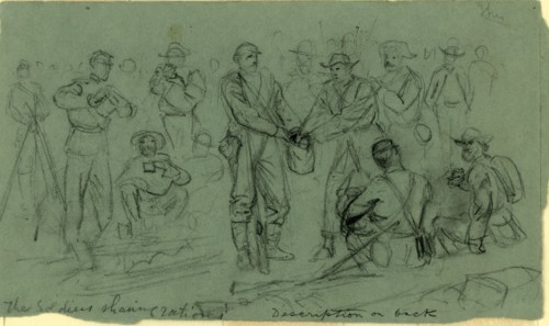 The soldiers sharing rations, drawing, 1862-1865, by Alfred R Waud, 1828-1891, an american artist