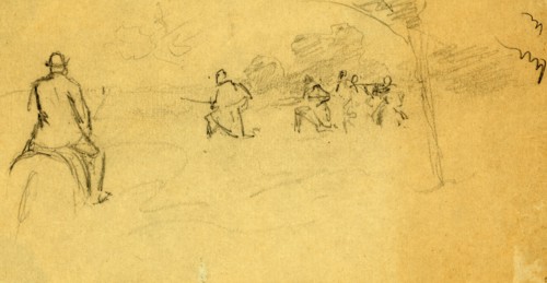 A horseman and four rifleman, drawing, 1862-1865, by Alfred R Waud, 1828-1891, an american artist
