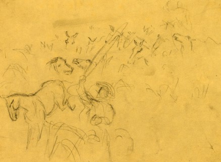 Horses being herded, drawing, 1862-1865, by Alfred R Waud, 1828-1891, an american artist famous for