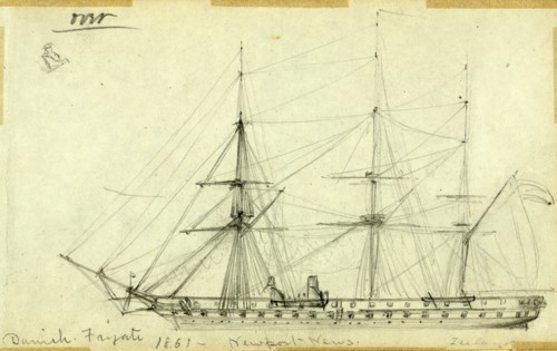 Danish Frigate 1861, Newport News, Zeeland, drawing, 1862-1865, by Alfred R Waud, 1828-1891, an