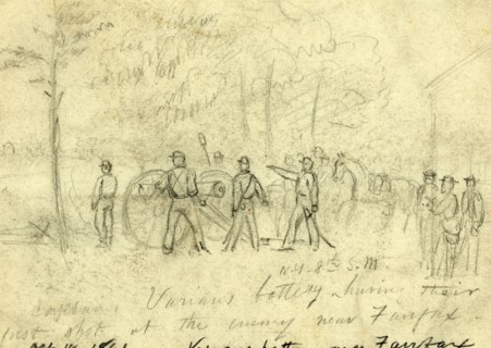 Captain Varians battery N.Y. 8th S.M. having their first shot at the enemy near Fairfax, drawing,