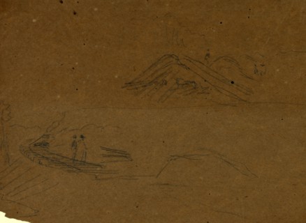 Railroad track and hillside with figures, drawing, 1862-1865, by Alfred R Waud, 1828-1891, an