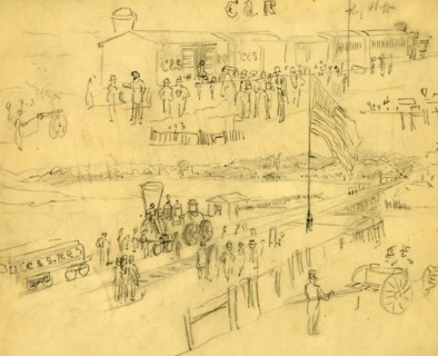 Two sketches of a depot on the Charleston & Savannah Railroad, drawing, 1862-1865, by Alfred R