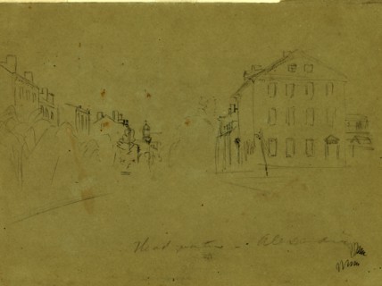 Headquarters, Alexandria, drawing, 1862-1865, by Alfred R Waud, 1828-1891, an american artist