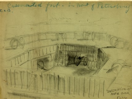 Casemented fort in front of Petersburg, drawing, 1862-1865, by Alfred R Waud, 1828-1891, an