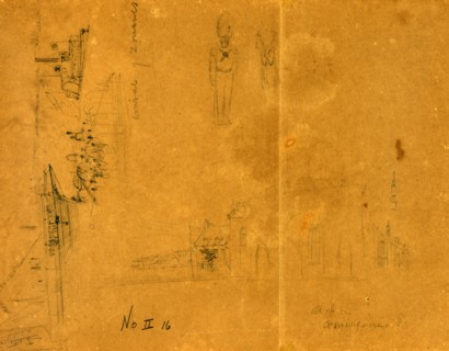 Three sketches including "Arrival of Zouaves," city or town street, and a soldier, drawing,