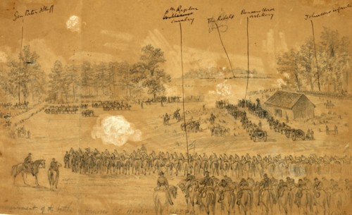 Commencement of the battle of Hanover Ct. House. 1:45 PM., drawing, 1862-1865, by Alfred R Waud,