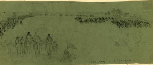 Review. Newport News, drawing, 1862-1865, by Alfred R Waud, 1828-1891, an american artist famous