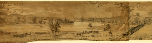 On the Potomac nr. Williamsport. Rebel crossing, Rebel Pontoons at Falling Waters, drawing,
