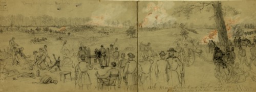 12th May Hancock and Wright fighting for the enemies rifle pits sketched from Lundmans house,