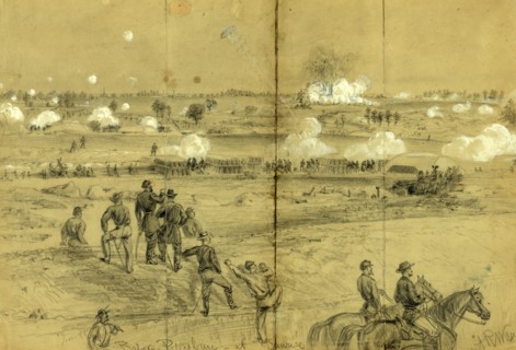 Before Petersburg at sunrise, July 30th 1864, drawing, 1862-1865, by Alfred R Waud, 1828-1891, an