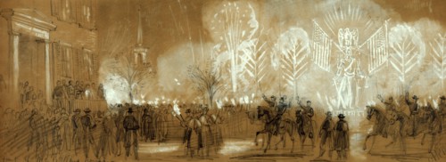 In front of McClellans house, drawing, 1862-1865, by Alfred R Waud, 1828-1891, an american artist