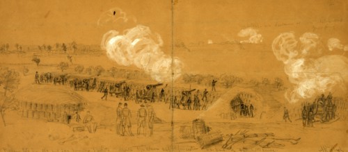 Battery No. 1., 100 and 200 pounder Parrots opposite Yorktown and Gloucester in front of Farenholts