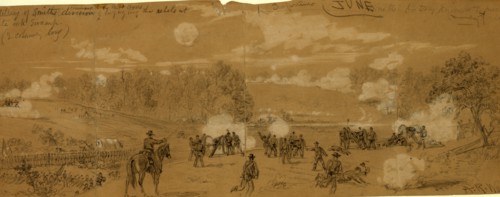 Artillery of Smith's division commanded by Capt. Ayres engaging the rebels at White Oak Swamp,