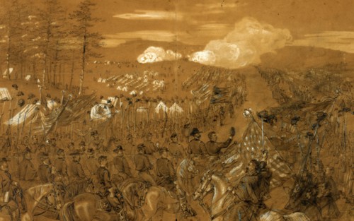 General McClellan accompanied by General Burnside taking leave of the Army of the Potomac, drawing,