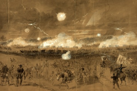 Couch's Corps forming line of battle in the fields at Chancellorsville to cover the retreat of the