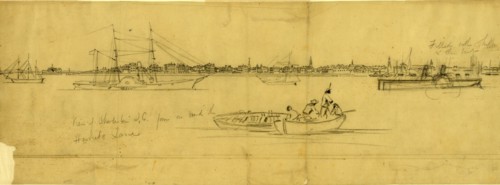 View of Charleston S.C. from on board the Harriet Lane, drawing, 1862-1865, by Alfred R Waud,