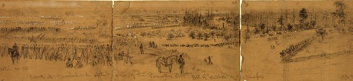 Camp at Cumberland with a view of the Pamunkey River full of gunboats and transports, drawing,