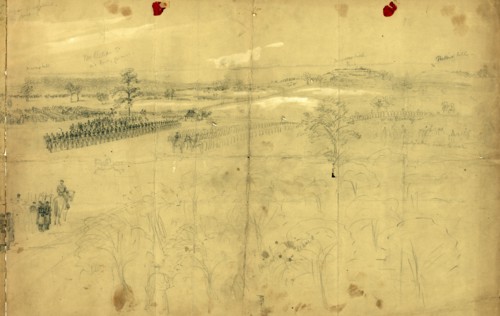 McClellan reviewing his troops near Baileys Cross Roads, drawing, 1862-1865, by Alfred R Waud,