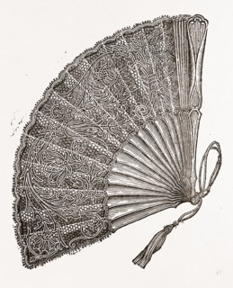 FAN OF IVORY AND REAL LACE, NEEDLEWORK, 19th CENTURY EMBROIDERY