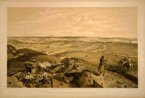 Bastion du Mat, from the central bastion / W. Simpson del. ; E. Walker lith. ; Day & Son, Lithrs.