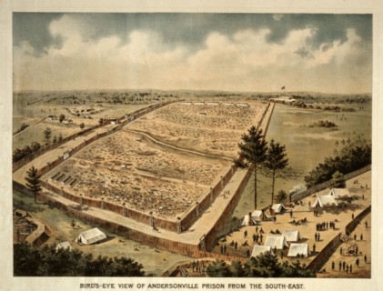 Bird's-eye view of Andersonville Prison from the south-east; c1890.; 1 print : lithograph, color.;