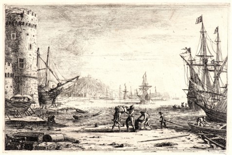 Claude Lorrain (French, 1604 - 1682). Seaport with a Round Tower, 1635-1636. Etching.