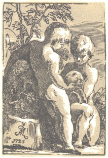 Antonio Maria Zanetti I (Italian, 1680 - 1757). Two Boys Caressing a Lamb. Chiaroscuro woodcut.