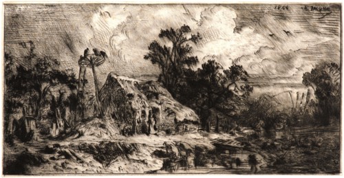 Charles Ãâmile Jacque (French, 1813 - 1894). Landscape. Thatched Cottages (Paysage. ChaumiÃ¨res),