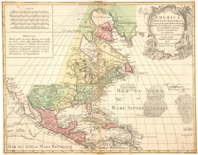 Tobias Conrad Lotter (German, 1717-1777). America Septentrionalis, 18th century. Engraving with