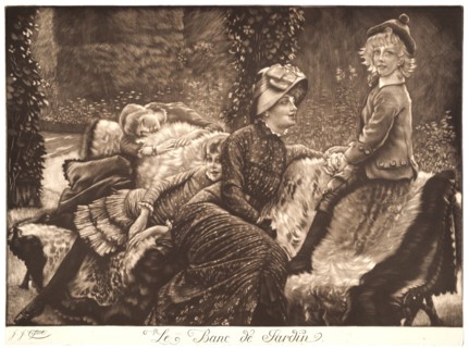 James Tissot (French, 1836 - 1902). The Garden Bench (Le Banc de jardin), 1883. Mezzotint printed