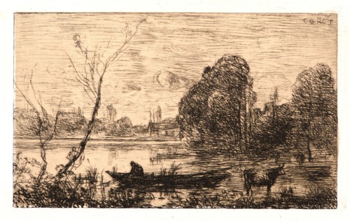 Jean-Baptiste-Camille Corot (French, 1796 - 1875). Ville d'Avray: Boatman on Pond (Evening), 1862.