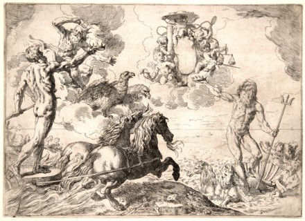 Simone Cantarini (Italian, 1612 - 1648). Jupiter, Neptune and Pluto Paying Homage with Their Crowns