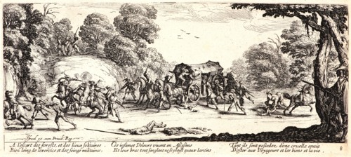 Jacques Callot (French, 1592 - 1635). Highway Robbery and Murder (L'Attaque de la Diligence), 1633.