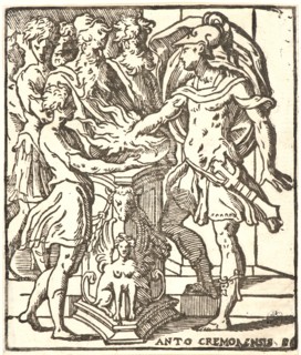 Antonio Campi (Italian, 1524 - 1587). Mucius Scaevola, 16th century. Woodcut from key block for a