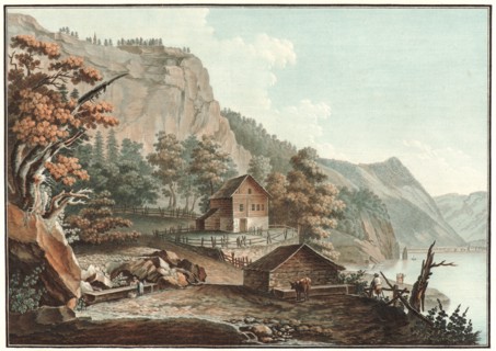 Charles-Melchior Descourtis (French, 1753-1820). House and a Barn by a Swiss Lake, ca. 1776-1786.